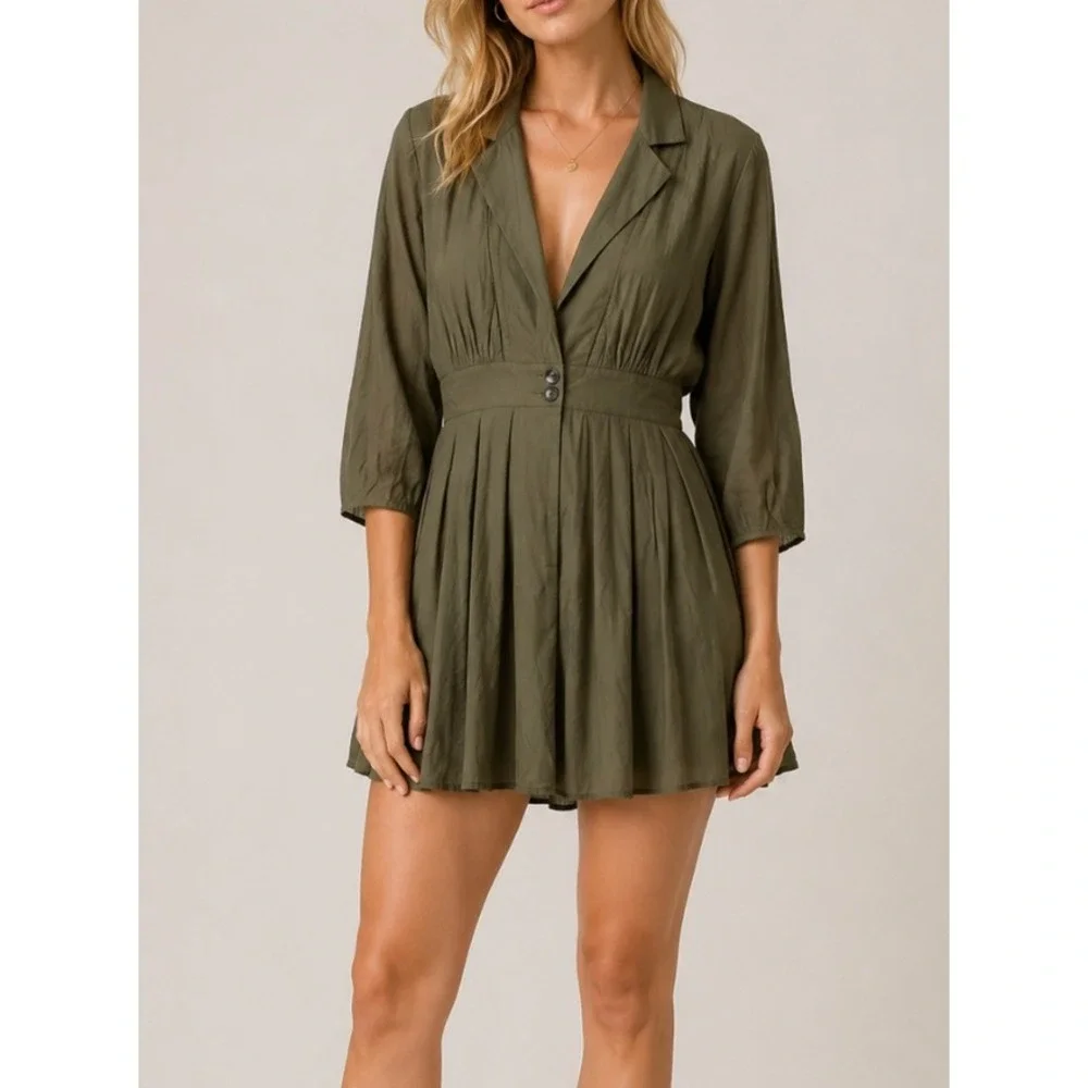 Free People Olive Green Cotton Notch Lapel Dolman Pleated Mini Dress XS OB814985
